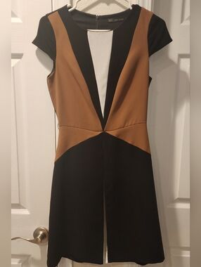 Zara Black and Brown Colorblock V-Neck Mini Dress